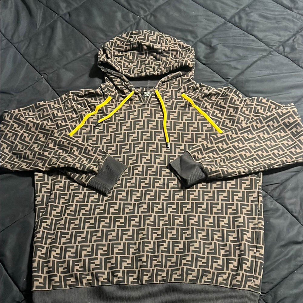 Fendi Logo Hoodie in Brown and Black with Yellow Details